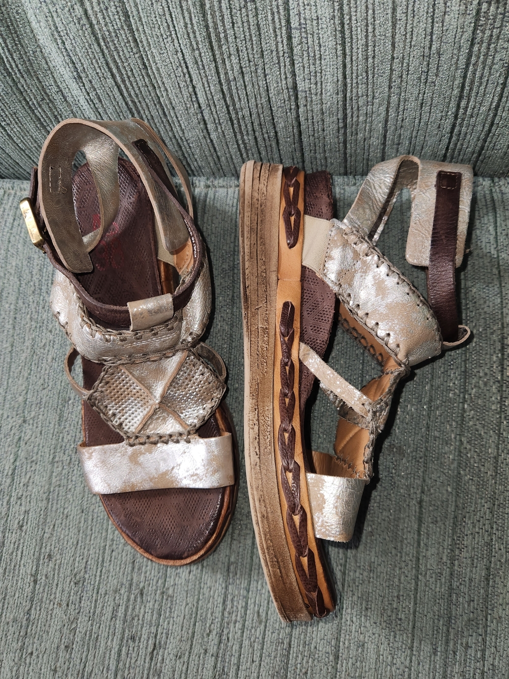 A.S.98 Metallic Silver and Brown Leather Wedge Sandals